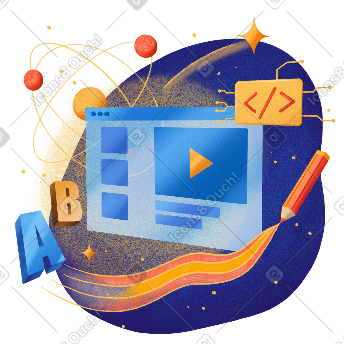 Educational video with science and coding icons, Online training courses for children illustration in PNG, SVG