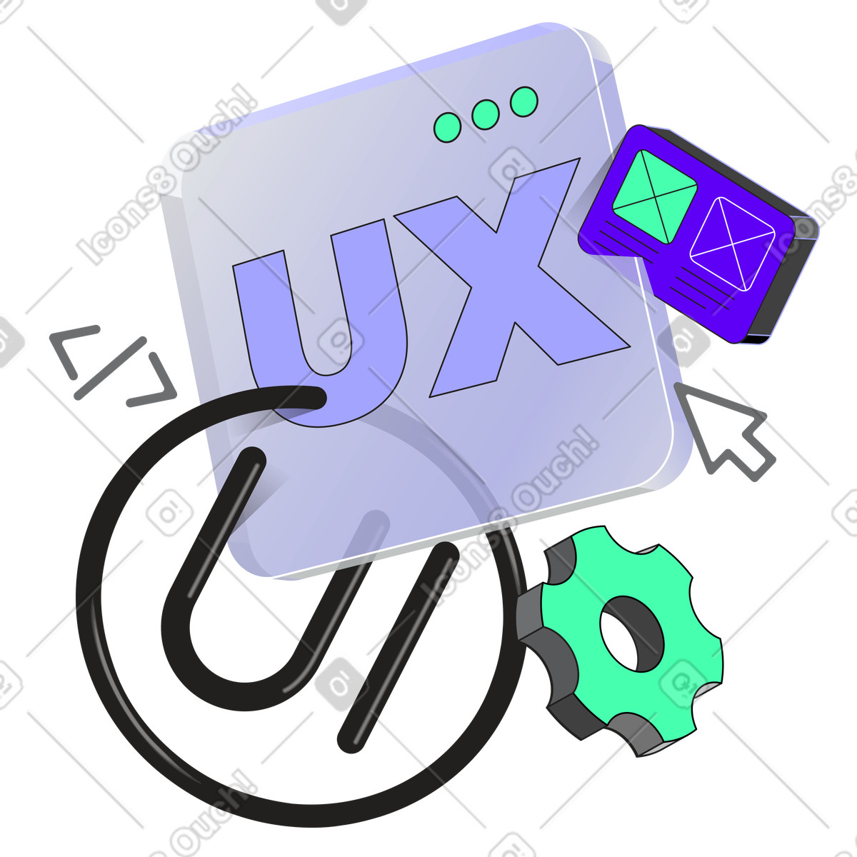 Lettering UX/UI with app design, cursor and gear text illustration in Incut style download in PNG, SVG