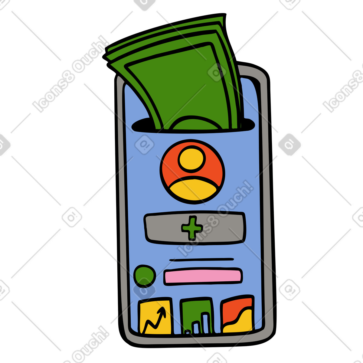 Illustration Services bancaires en ligne via une application mobile dans le style Comic à télécharger aux formats PNG, SVG