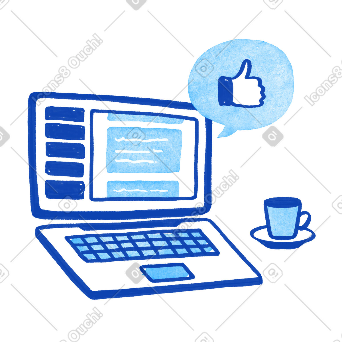Illustration Laptop screen with thumbs up notification and coffee cup nearby dans le style Tint à télécharger aux formats PNG, SVG