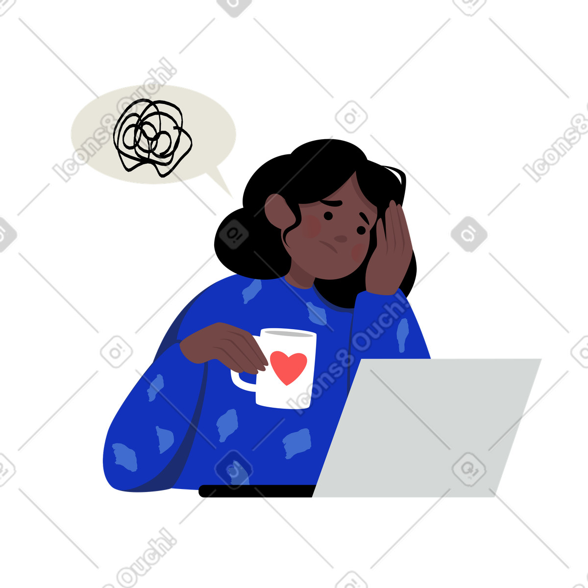 Ragazza stanca seduta al suo computer portatile illustrazione in stile Lagom scarica in PNG, SVG