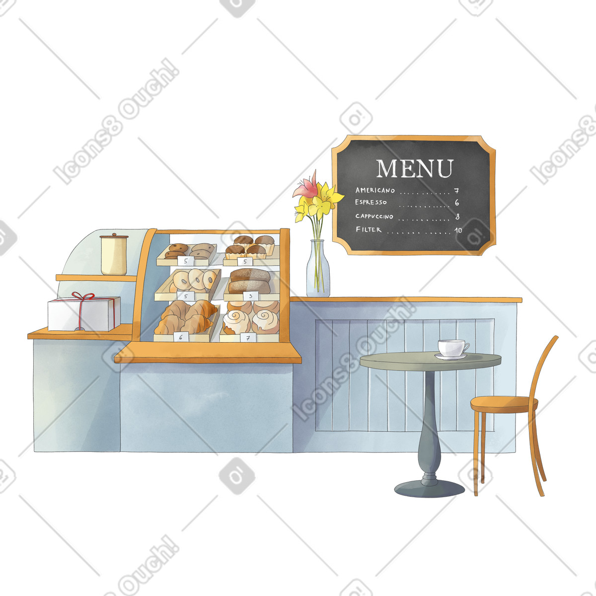 Ilustración Cozy coffee shop with pastries en estilo Seasons a descargar en PNG y SVG