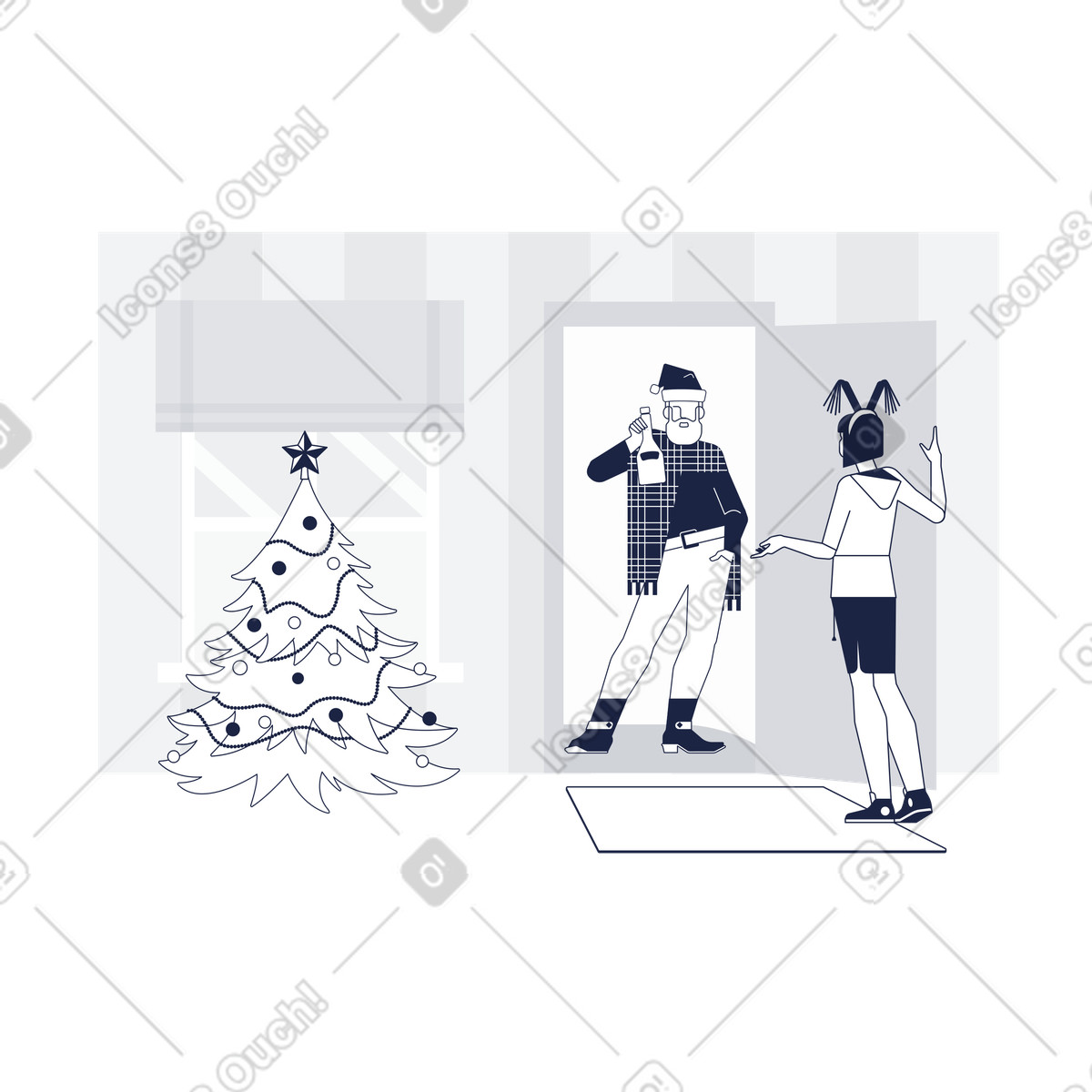 Santa surprising woman on christmas illustration in Urban Line style download in PNG, SVG