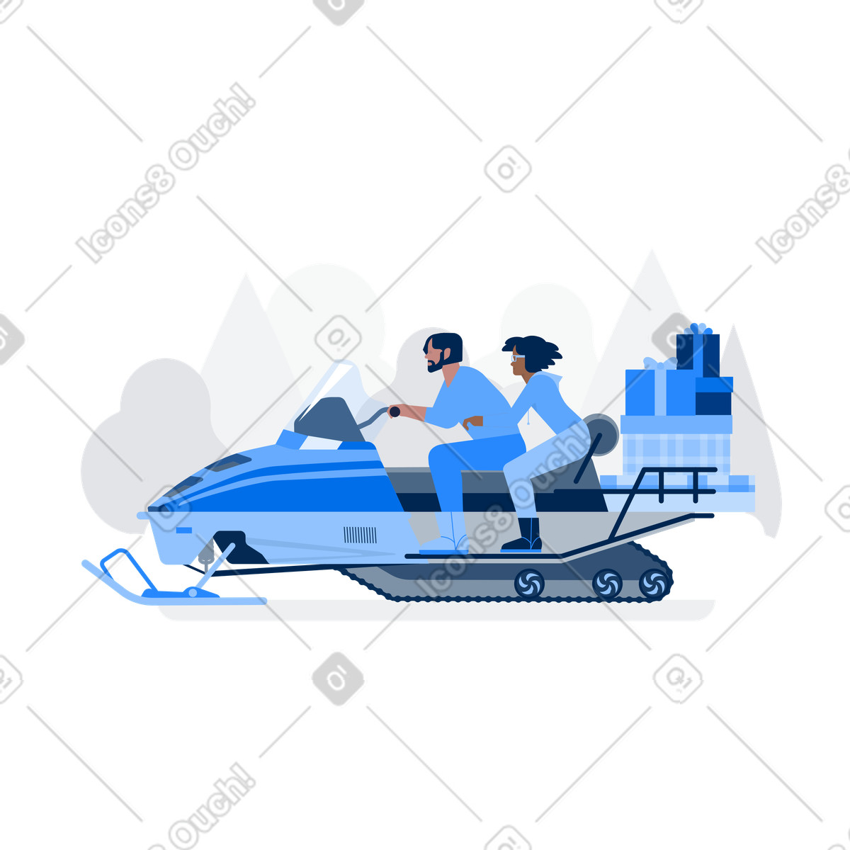 Urban スタイルの スノーモービルでプレゼントを届けるカップル のイラストをPNG、SVG形式でダウンロード