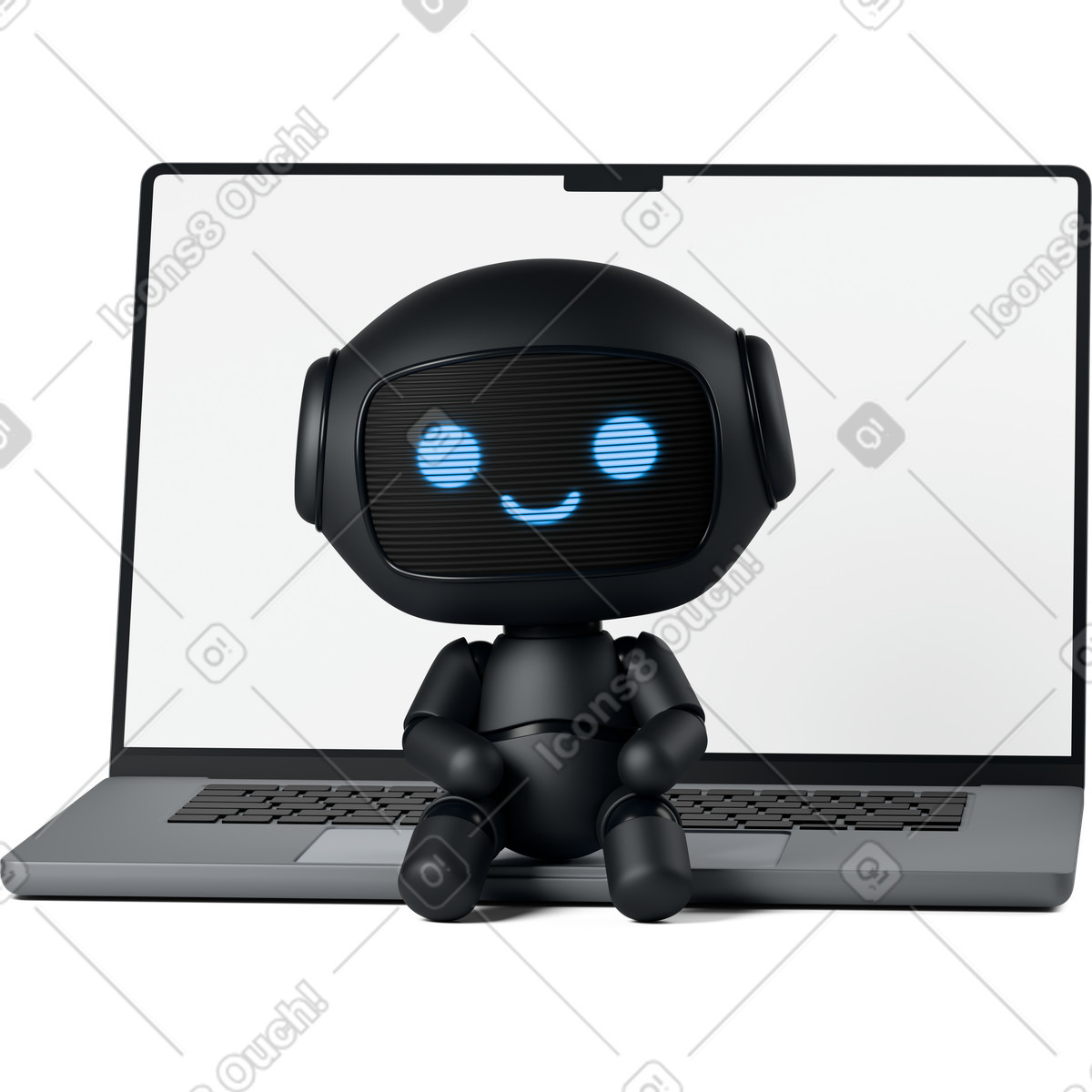 下载 3D Business 风格的 Black cute robot sitting on a laptop 插画，支持 PNG、SVG 格式