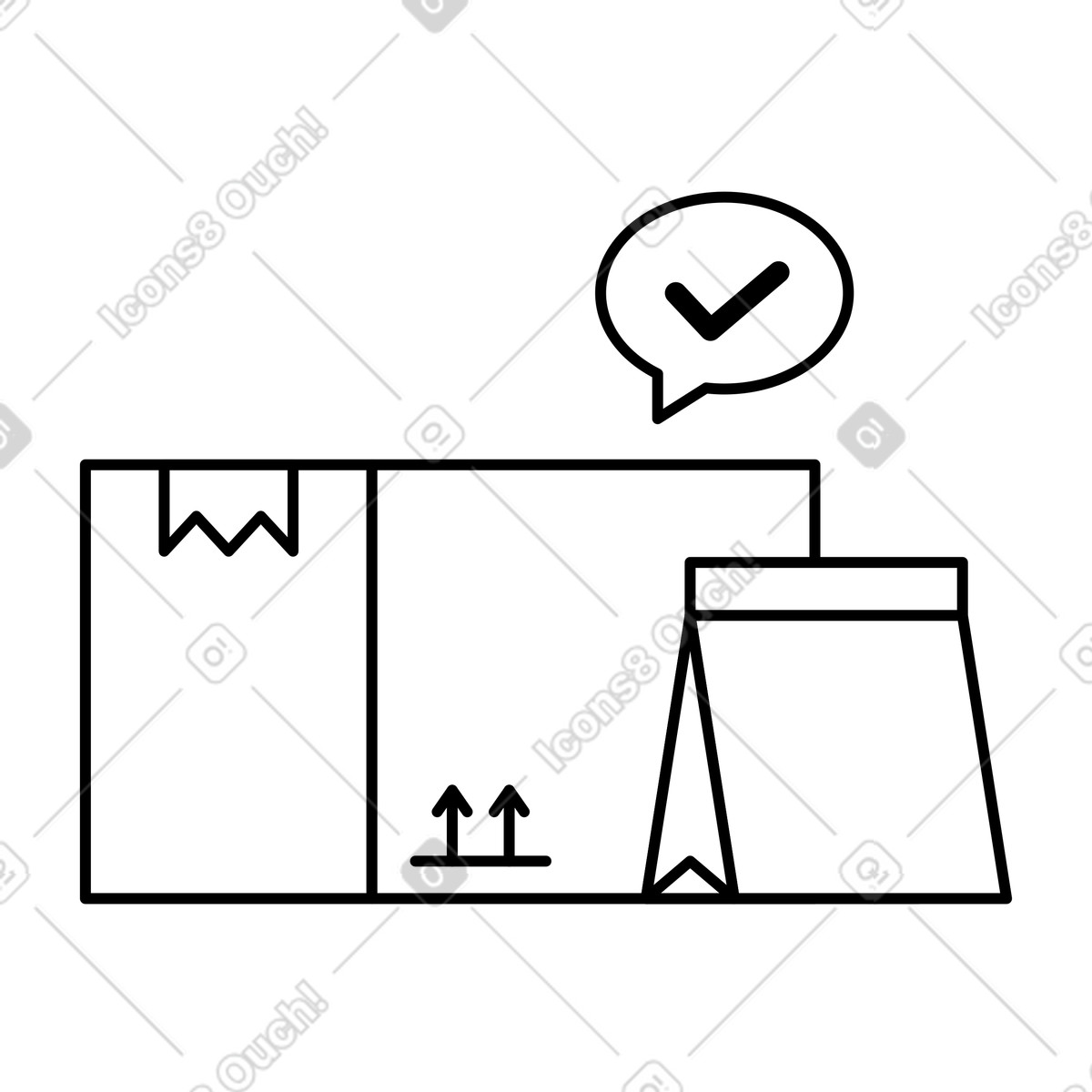 Ilustração de Package delivery box with shopping bag and confirmation check mark em no estilo Notion Line Art para baixar em PNG, SVG