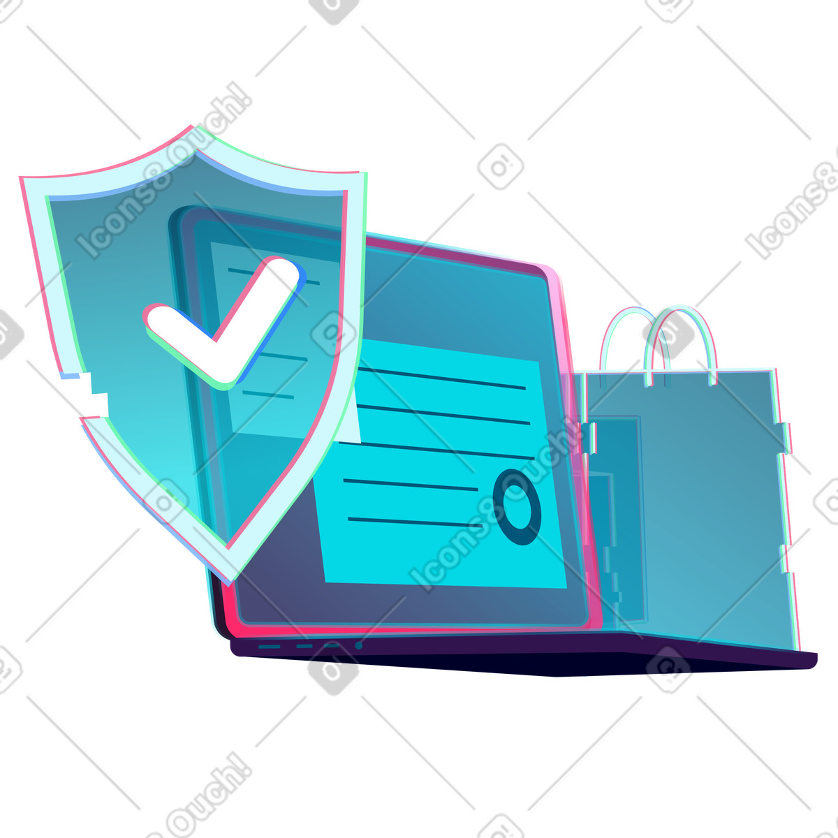 Holographic laptop with shopping bag and security shield, Online purchase protection illustration in Neon style download in PNG, SVG