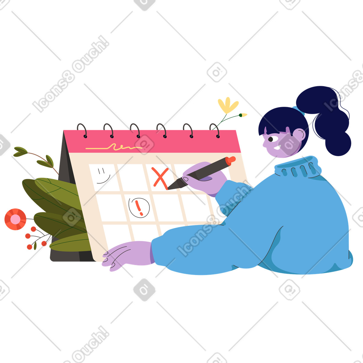 Ilustração de Garota marca uma cruz com caneta no calendário da primavera em estilo Dizzy para baixar em PNG, SVG