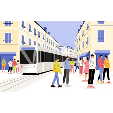 A modern tram gliding through the streets of Bordeaux, surrounded by pedestrians