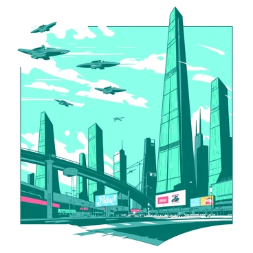 A teal futuristic cityscape is filled with towering skyscrapers, each uniquely shaped and designed, reaching high into the sky. The buildings are made of shiny glass and metal, reflecting the surrounding environment. In the air, numerous sleek flying cars zip through the sky, leaving trails behind them. The flying cars come in various shapes and sizes, showcasing a blend of creativity and advanced technology. Below, the streets are bustling with activity, featuring colorful lights and animated billboards displaying advertisements. The scene conveys a sense of dynamic movement and progress in this vibrant city.
