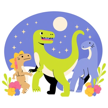 A group of dinosaurs, including a bright green T-rex and a blue triceratops, are dancing joyfully in a clearing. The moonlight casts a soft glow over the scene, illuminating their playful movements. Surrounding the dinosaurs, there are vibrant, colorful flowers in shades of pink, yellow, and purple, adding a lively touch to the setting. The night sky is clear, with twinkling stars visible above, creating a magical atmosphere for the dinosaurs' celebration.