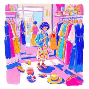 A character is rummaging through a vintage clothing store. The character has short curly hair and is wearing a denim jacket over a colorful floral dress. The store is filled with unique garments, including a variety of long, flowing dresses, patterned blouses, and retro accessories. There are racks of clothes in different colors and textures, and a large mirror reflecting the eclectic decor of the shop. On the floor, there are vintage shoes and hats scattered about, adding to the charm of the scene. The character looks intrigued as they hold up a bright, sequined top.