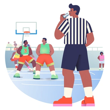 A referee with a medium build and black hair is standing on the side of a street basketball court. He is wearing a black and white striped shirt and black shorts. He has a focused expression as he raises a silver whistle to his lips, preparing to blow it. In the background, two teams are engaged in a competitive game, with players in colorful jerseys displaying intense expressions as they focus on the ball. The pavement is marked with chalk lines, and nearby, a group of spectators watches the action unfold. The atmosphere is charged with excitement and anticipation.