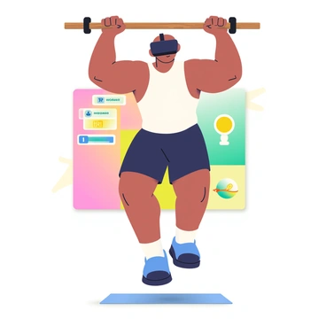 A person with light brown skin is wearing a black VR headset while performing pull-ups on a sturdy wooden pull-up bar. They are dressed in a fitted white tank top and black athletic shorts. The person's arms are fully extended, showcasing their defined muscles as they lift their body upwards. Beneath them, a bright, colorful interactive fitness game interface is projected, displaying various virtual obstacles and rewards. Their feet are hovering above the ground, and a small mat is placed underneath for safety. The environment around them features bright, energizing colors to enhance the gaming experience.