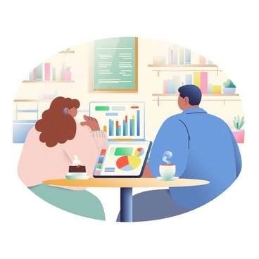 A cozy café setting features a couple sitting at a small, round wooden table. The woman has long, curly brown hair and is wearing a soft beige sweater. The man has short, dark hair and is dressed in a blue button-up shirt. They are focused on a laptop in front of them, which displays a colorful bilan illustration with various graphs and charts. A steaming cup of coffee sits in front of each of them, paired with a slice of chocolate cake on a small white plate. The café has warm lighting, with wooden shelves lined with books and potted plants in the background. A rustic chalkboard menu hangs on the wall, showcasing the day's specials.