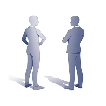 Two figures are standing a distance apart from each other. Their outlines are clearly defined, creating stark silhouettes against a light background. The figures have distinct postures, one with hands on hips and the other with arms crossed, conveying a sense of separation. Dark shadows are cast between them, emphasizing the space and tension that exists. The ground beneath them is flat, adding to the contrast of their forms in the scene.