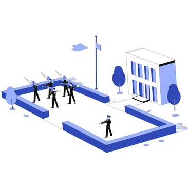 A group of cadets in uniform is practicing drills on a pristine campus. The cadets are standing in formation, displaying precise movements and disciplined postures. They are surrounded by well-maintained grassy areas, neatly trimmed hedges, and a clear blue sky above. In the background, there are modern buildings with large windows, adding to the atmosphere of a structured environment. A flagpole with a flag stands prominently, and some trees provide a sense of organization along the campus pathways.