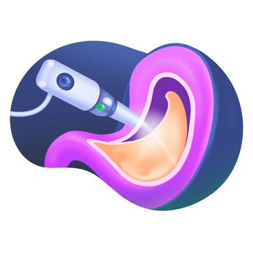 A close-up view of an "endoscope" entering the "digestive tract." The endoscope features a slim, flexible design with a camera at the tip, providing a detailed view. The illuminated path ahead reveals the inner lining of the digestive tract, showcasing subtle textures and colors. Soft light emanates from the endoscope, casting gentle highlights on the surrounding tissues. The background fades into darkness, emphasizing the clarity of the illuminated area.