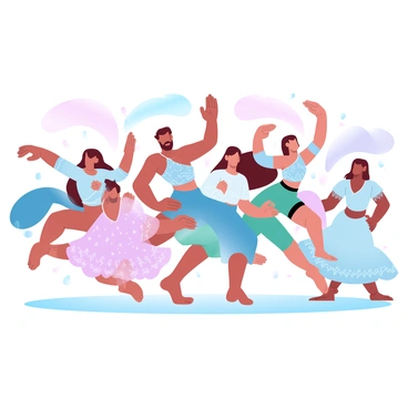 A group of dancers is performing together, representing various ASEAN countries. Each dancer is dressed in colorful traditional costumes that reflect the diverse cultures. Bright patterns and textures adorn the costumes, showcasing intricate designs. The dancers are positioned in a dynamic formation, with some in mid-motion, displaying graceful movements. A variety of decorative elements, like ribbons and sashes, flutter as they dance. The background features soft gradient pastel colors that enhance the vibrancy of the scene.