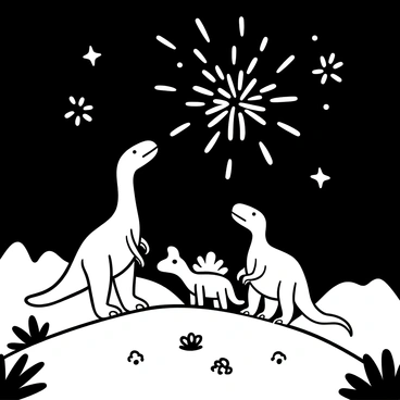A group of dinosaurs, including a Tyrannosaurus rex and a Triceratops, standing on a grassy hill. The dinosaurs are gazing up at "fireworks" exploding in the night sky, illuminating the darkness with various shapes and patterns. The ground is dotted with small rocks and ferns, and the silhouette of distant mountains is visible in the background. The scene conveys a sense of wonder as the dinosaurs observe the colorful display above.