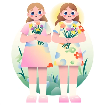 Two identical twins with light brown hair are standing side by side. They have bright blue eyes and fair skin. The first twin has a small beauty mark just above her left eyebrow, while the second twin has slightly longer hair. They are both wearing matching floral dresses with short sleeves, and each is holding a bouquet of wildflowers, with various colors including yellow and purple. The background features a soft, blurred garden with green foliage. The sun is shining, creating a warm and inviting atmosphere around them.
