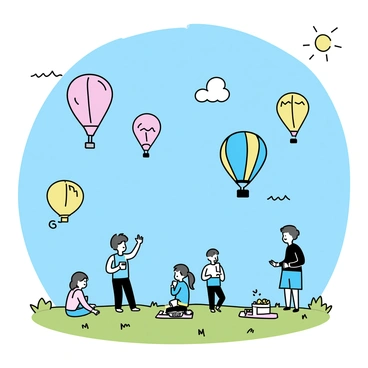 A variety of hot air balloons, each with distinct colors and patterns, are floating in the blue sky. The balloons have shapes such as round, oval, and elongated, creating visual interest. Below, a grassy field is dotted with spectators, some taking pictures, while others look up in awe. A few picnic blankets and baskets are spread out on the ground, adding to the festive atmosphere. The sun is shining brightly, casting soft shadows on the ground.