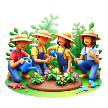 A group of friends gardening together while sharing stories and learning about plants.