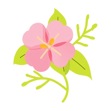 A delicate raspberry flower blooming with soft pink petals is centered in the image. The petals have a smooth texture and gentle curvature, with each petal slightly overlapping the next. The flower has vibrant green leaves surrounding it, adding contrast to the soft pink. Tiny yellow stamens emerge from the center of the flower, creating a focal point. The background features subtle hints of blurred leaves and branches, suggesting a natural setting.