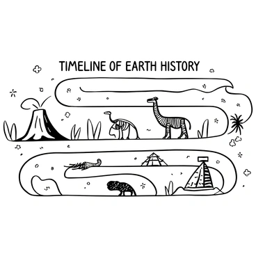 A winding path stretches across the image, marked with significant key events in Earth’s history. Each event is represented by a distinct symbol along the path, such as a volcano erupting, a woolly mammoth, a dinosaur skeleton, and an ancient pyramid. The symbols are evenly spaced and vary in size to indicate the scale of the events. The background is filled with textured patterns to suggest the passage of time, with some areas appearing more rugged or eroded to signify ancient eras. The words "Timeline of Earth History" are prominently displayed at the top of the image.