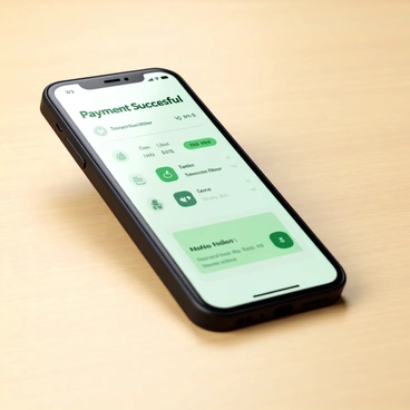 A smartphone with a sleek black frame resting on a light-colored wooden surface. The screen displays a digital wallet app interface, prominently featuring a "Payment Successful" notification in bold green text. Various icons representing different payment options are visible on the app, alongside a recent transaction history. Soft reflections of light can be seen on the screen, enhancing its smooth appearance. The background has a subtle blur, focusing attention on the phone and its screen content.