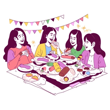 A group of friends is gathered around a large table filled with an array of colorful cannoli. The friends are smiling and chatting as they each hold a different cannoli, eager to taste the various flavors. The table is adorned with plates, napkins, and small decorative sprinkles that add vibrant accents. Some cannoli are topped with chocolate chips while others are drizzled with icing. In the background, there are cheerful decorations reflecting a festive atmosphere, enhancing the excitement of the dessert tasting event.