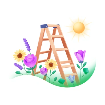 A sturdy step ladder standing in a sunny garden surrounded by blooming flowers