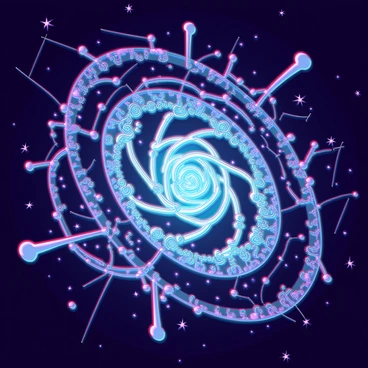 A kaleidoscope view of the universe, with intricate patterns of strings forming vibrant galaxies. The strings create luminous spirals and clusters that resemble star formations. Various colors intertwine, including deep blues, purples, and bright whites, representing the vastness of space. Twinkling stars are interspersed throughout, shining with a twinkling effect. The background is a rich, dark expanse that enhances the brilliance of the galaxies and patterns.