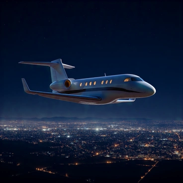 A sleek, modern private jet with a glossy exterior, featuring a streamlined shape and large windows, is soaring through a dark, starry night sky. The stars are bright and numerous, twinkling against the deep blue backdrop of the sky. Below the jet, a sprawling cityscape is visible, illuminated by countless twinkling lights from buildings and streets, creating a vibrant contrast with the night sky. The scene captures the elegance and luxury of air travel at night.