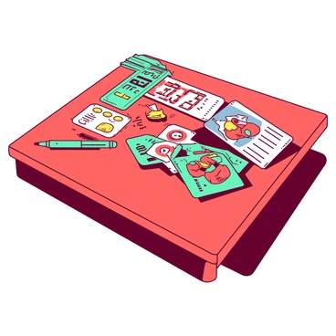 A red desk is covered with a variety of colorful betting coupons. The coupons display different designs and vibrant patterns, showcasing bold numbers and text. Some of the coupons are partially overlapping, while others are neatly aligned, creating a dynamic composition. A teal pen lies on the desk next to the coupons, and a small stack of blank paper is positioned at one corner. The scene captures the energy and excitement of placing bets, with the assortment of colors adding to the lively atmosphere.