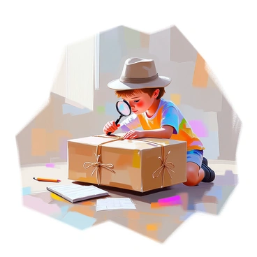 A child with light brown hair wearing a classic detective hat is kneeling on a wooden floor, carefully examining a large, wrapped parcel using a magnifying glass. The parcel is brown and tied with twine, showing signs of age and mystery. The child is dressed in a colorful t-shirt and shorts, displaying a look of concentration and curiosity. In the background, there are scattered clues and playful detective tools, such as a notepad and a pencil, adding to the scene's adventurous atmosphere.