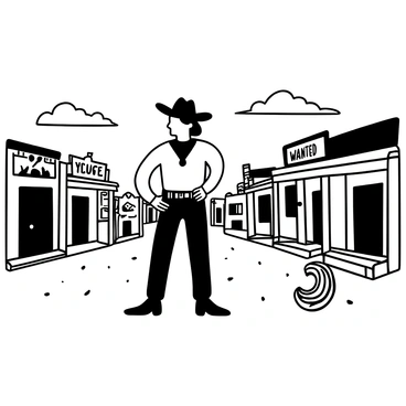 A Wild West gunslinger wearing a "cowboy hat" stands confidently in a "dusty street." He holds a "revolver" in one hand, his other hand resting on his hip. The street is lined with wooden buildings, some displaying "saloon" signs and others with "wanted" posters attached to their walls. The ground is covered with a thin layer of dust, and a tumbleweed rolls past, hinting at the desolate atmosphere of the scene. The sky above is clear, and a few clouds drift lazily, completing the rugged frontier setting.