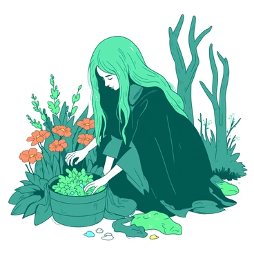 A teal medieval witch with long, flowing hair is kneeling in her herb garden. She is wearing a dark, tattered cloak, and her hands are gently tending to various magical plants. Surrounding her are bright orange flowers with shimmering petals and vibrant green herbs that seem to glow softly. In the background, there are tall, twisted trees, and the air is filled with a slight mist. The witch has a small wooden basket beside her, filled with freshly picked herbs and a few sparkling stones.