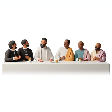 A group of leaders from various religions are seated around a long rectangular table. The table is adorned with a white cloth and simple decorative elements. Each leader is dressed in traditional attire representative of their faith. A Christian leader, wearing a dark robe with a cross pendant, is animatedly sharing a thought. Beside him, a Muslim leader in a tailored thobe and kufi nods in agreement, while a Hindu leader, adorned in colorful ceremonial clothing, listens intently with a smile. A Buddhist monk in robes closes his eyes, appearing peaceful as he contemplates. The atmosphere is warm and inviting, with soft lighting illuminating their engaged faces as they exchange ideas and laughter, creating a sense of camaraderie.