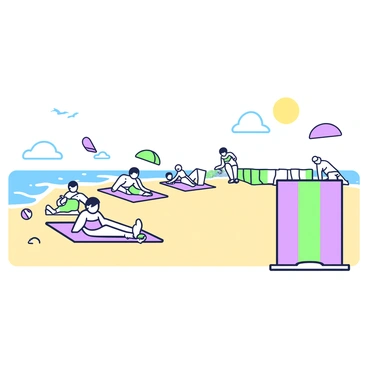 A beach scene shows a wide stretch of sand with gentle waves lapping at the shore. In the foreground, one-fourth of the sand area is cordoned off by a green and purple striped barrier. The barrier stands upright, clearly marking the restricted area. To the left, beachgoers are lounging on colorful towels, some are playing with a beach ball, while others are building sandcastles. In the background, a few seagulls are flying above the water, and parachutes can be seen in the distance, carried by people enjoying the beach activities. The sun is shining brightly, casting long shadows on the sand.