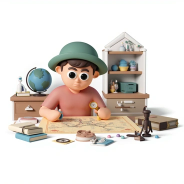 A cartoon character with large expressive eyes, wearing a green explorer's hat and a red shirt, is sitting at a wooden table. They are closely examining an ancient map spread out in front of them, which is covered in mysterious symbols and markings. The character has a magnifying glass in one hand and a small compass in the other, showing a look of determination on their face. Around the table, there are scattered items such as a vintage telescope, an old book, and a collection of colorful gemstones. In the background, there are shelves filled with various adventure-themed artifacts and a globe, hinting at the character’s passion for exploration.