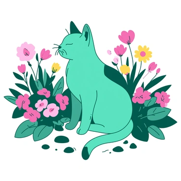 A teal cat is sitting in the center of a vibrant garden filled with various flowers. The cat has its eyes closed, as if savoring the delightful scents around it. Surrounding the cat are colorful blossoms in shades of pink and yellow, creating a lively contrast. Green leaves frame the scene, adding depth to the garden setting. There is a small path of smooth stones leading through the garden, providing a serene atmosphere.