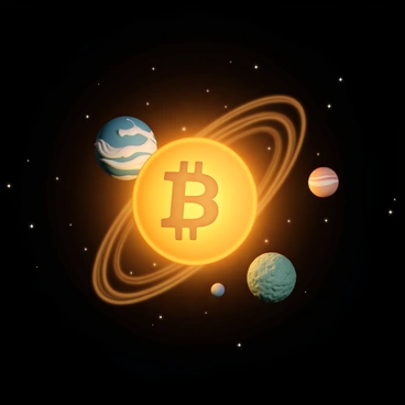 A central sun, shaped like a "bitcoin", radiating golden light in a rich, vibrant hue. Surrounding the sun, several planets of varying sizes and colors are orbiting. There is a large blue planet with swirling white clouds, a small red planet with a rocky surface, and a green planet that appears lush with vegetation. Each planet is depicted with detailed textures and features, reflecting light from the bitcoin sun. The scene is set against a deep black space, with distant stars twinkling in the background. The orbits of the planets are visible as glowing rings around the sun.