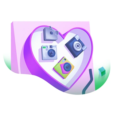 A gallery wall features a creative arrangement of various cameras, all positioned to form a heart shape. The cameras vary in style and color, including vintage film cameras, sleek digital models, and colorful instant cameras. Each camera is facing outward, showcasing its unique design and details. The wall behind the cameras is painted in a soft pastel color, enhancing the visual impact of the heart shape formed by the cameras. Subtle shadows cast by the cameras add depth to the scene.