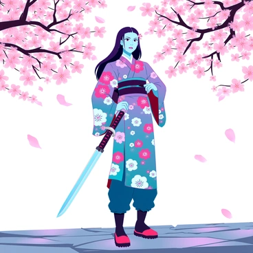 A young girl with light skin and long black hair styled in a traditional way is wearing a colorful kimono adorned with floral patterns. She is standing confidently, holding a katana with both hands at her side. Her expression shows intense determination, with her brows furrowed and lips pressed tightly together. The katana's blade glimmers with a sharp edge, reflecting light as she stands firmly on a stone pathway surrounded by blossoming cherry trees. The petals from the trees gently fall around her, enhancing the atmosphere of strength and focus.
