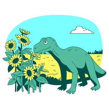 A teal iguanodon is curiously sniffing a vibrant yellow field of towering sunflowers under a bright blue sky. The sunflowers are tall, with large, round yellow heads turned towards the sun. The iguanodon has textured skin with a slightly glossy appearance, and its large eyes are wide with curiosity. The field stretches out, filled with the bright yellow of the sunflowers, contrasting against the clear blue sky. In the background, a few fluffy white clouds float gently, completing the scene.