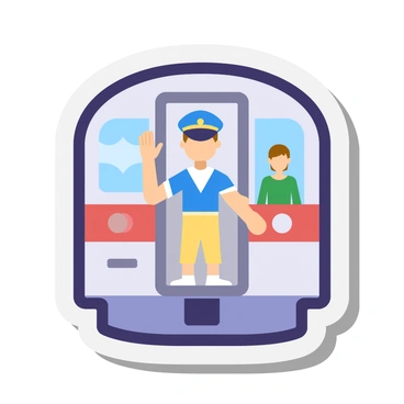 A metro train conductor wearing a uniform and a cap is waving from the doorway of the train as it departs the station, with commuters standing on the platform and some boarding the train.