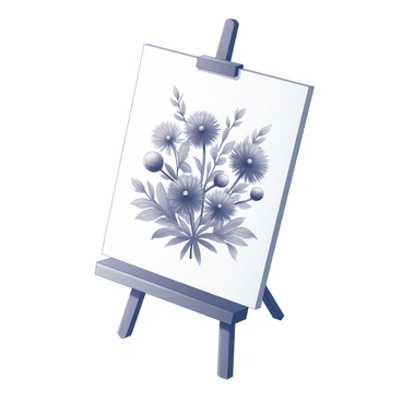 An easel holding a canvas. The canvas displays a bouquet of flowers, featuring various shapes and sizes of blooms. The arrangement includes round and spiky petals, along with leaves that vary in texture. The background is empty, focusing attention on the bouquet displayed in the center.