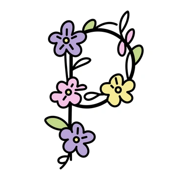 A decorative letter "P" formed by intertwining pansy flowers in shades of purple and yellow, surrounded by delicate green vines. The flowers have five petals each, with intricate detailing on their surfaces. The vines curl elegantly around the letter, adding a natural and flowing quality to the composition.