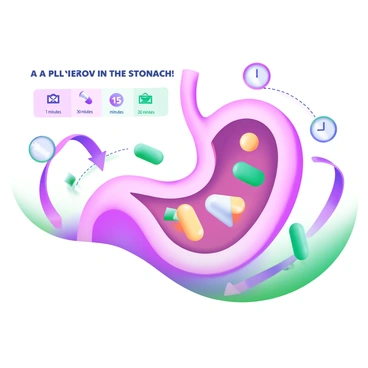 An infographic illustrating the timeline of "a pill dissolving in the stomach over time." The image features a large, labeled stomach in a soft pastel color palette. A sequence of images shows the stages of dissolution, starting with a whole pill at the top, moving down to half-dissolved and finally to fully dissolved particles at the bottom. Each stage is marked with a clock icon indicating the passage of time, with numbers showing specific time intervals such as "1 minute," "15 minutes," and "30 minutes." Surrounding the stomach are arrows that guide the viewer through the process, enhancing clarity and understanding of the timeline.